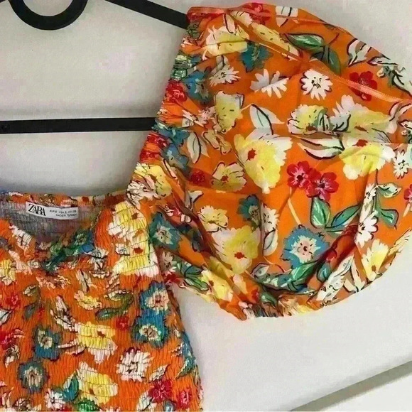 Zara Multicolored Orange Floral Print Puff Sleeves Flounce Top Size  S - Picture 5 of 7